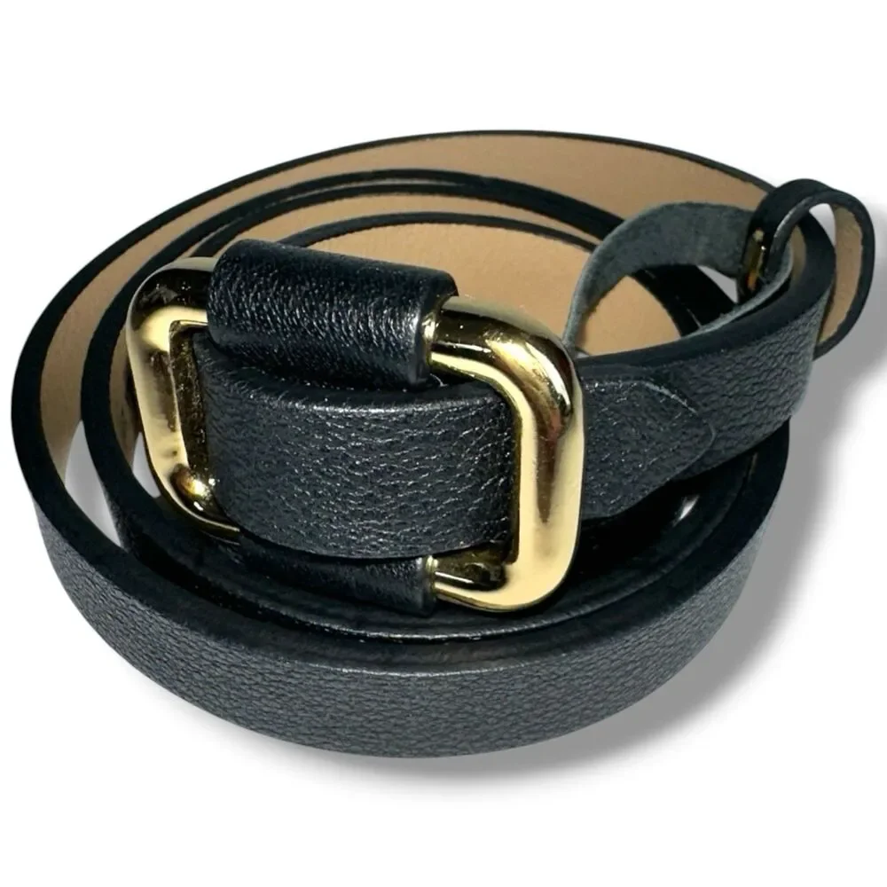D Exterior Italian Leather Belt Womens Black Skinny Gold Square Slide Buckle